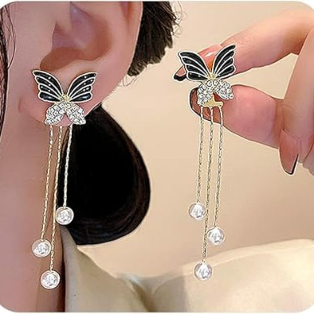 Butterfly Earring Set 2 in 1 Long Rhinestone Black Butterfly Pearl Fringe